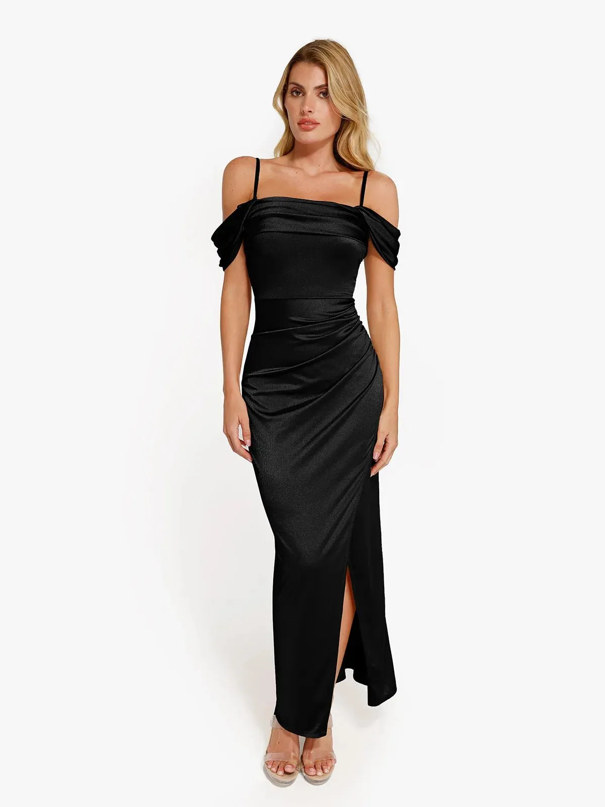Shapewear Off Shoulder Shine Ruched Sculpting Maxi Dress sold by Popilush product image thumbnail 5