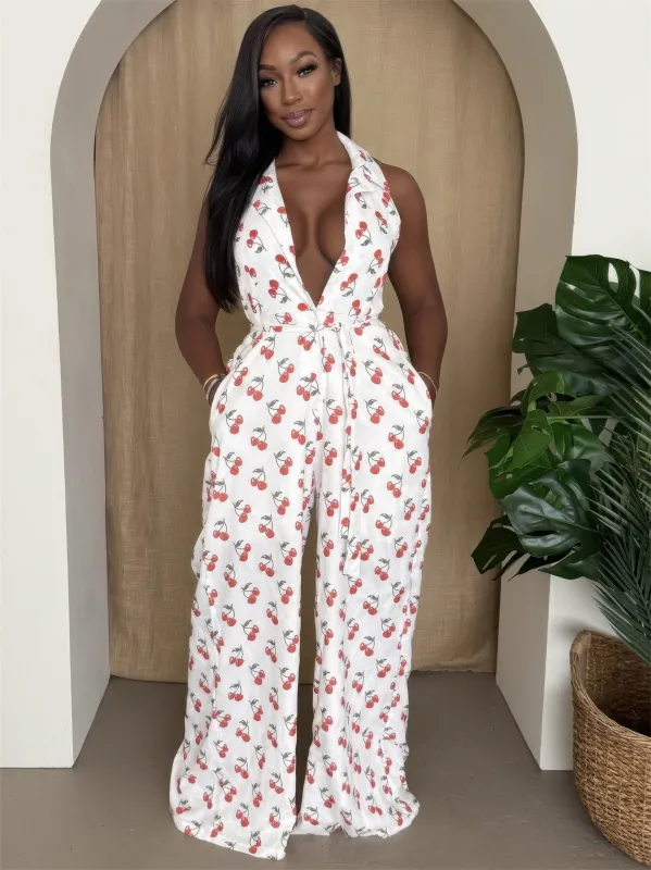 Cherry Print Halter Wide-leg Jumpsuit sold by Gigi Laurent