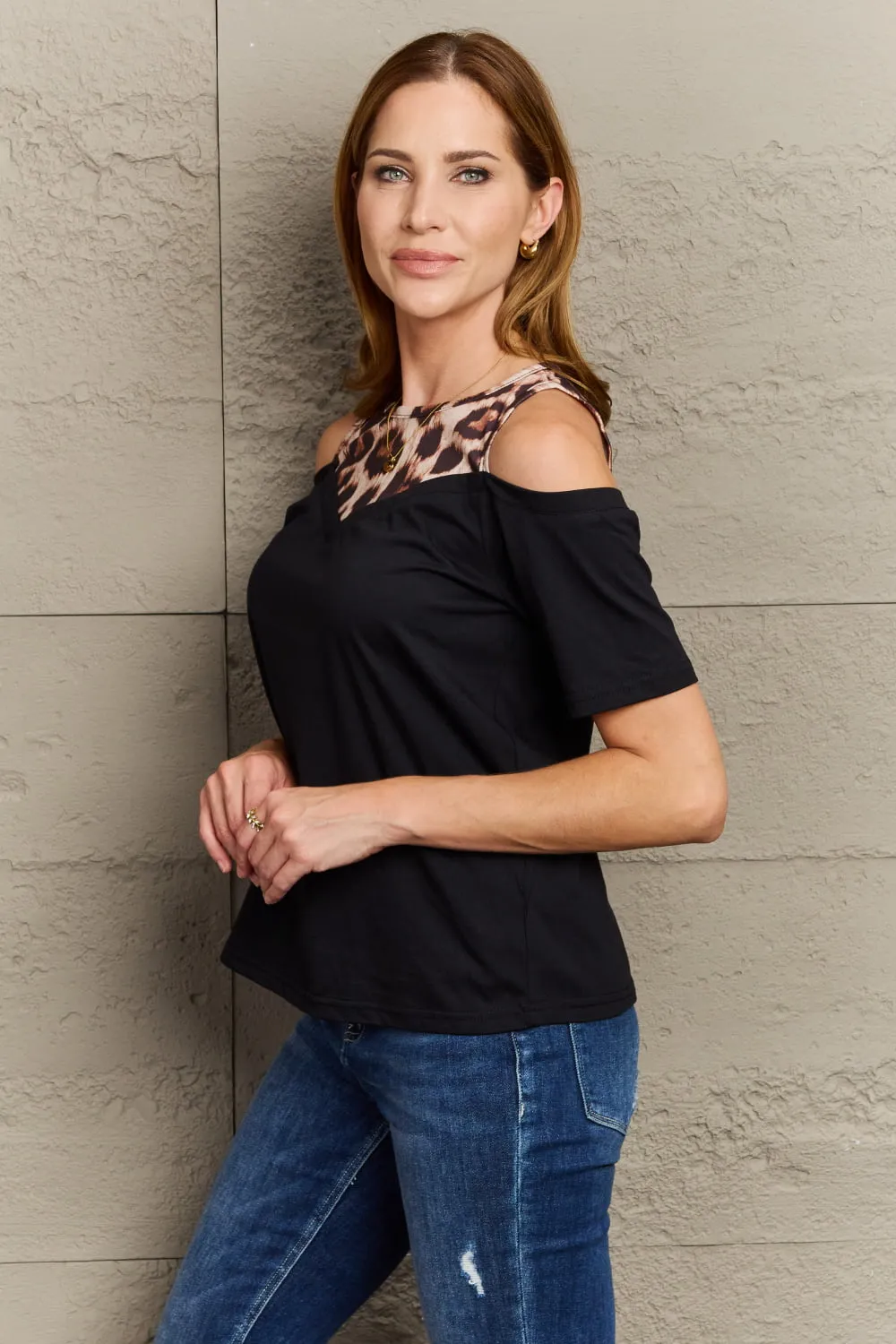 Perfee Leopard Print Round Neck Cold Shoulder Blouse sold by Gigi Laurent product image thumbnail 3