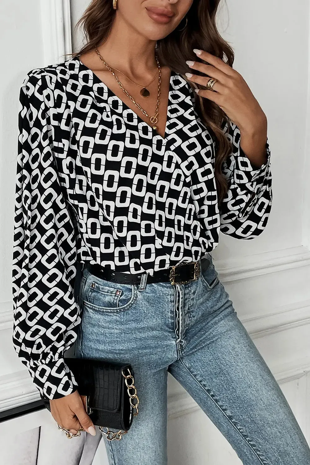 Perfee Geometric V-Neck Long Sleeve Blouse sold by Gigi Laurent product image thumbnail 3