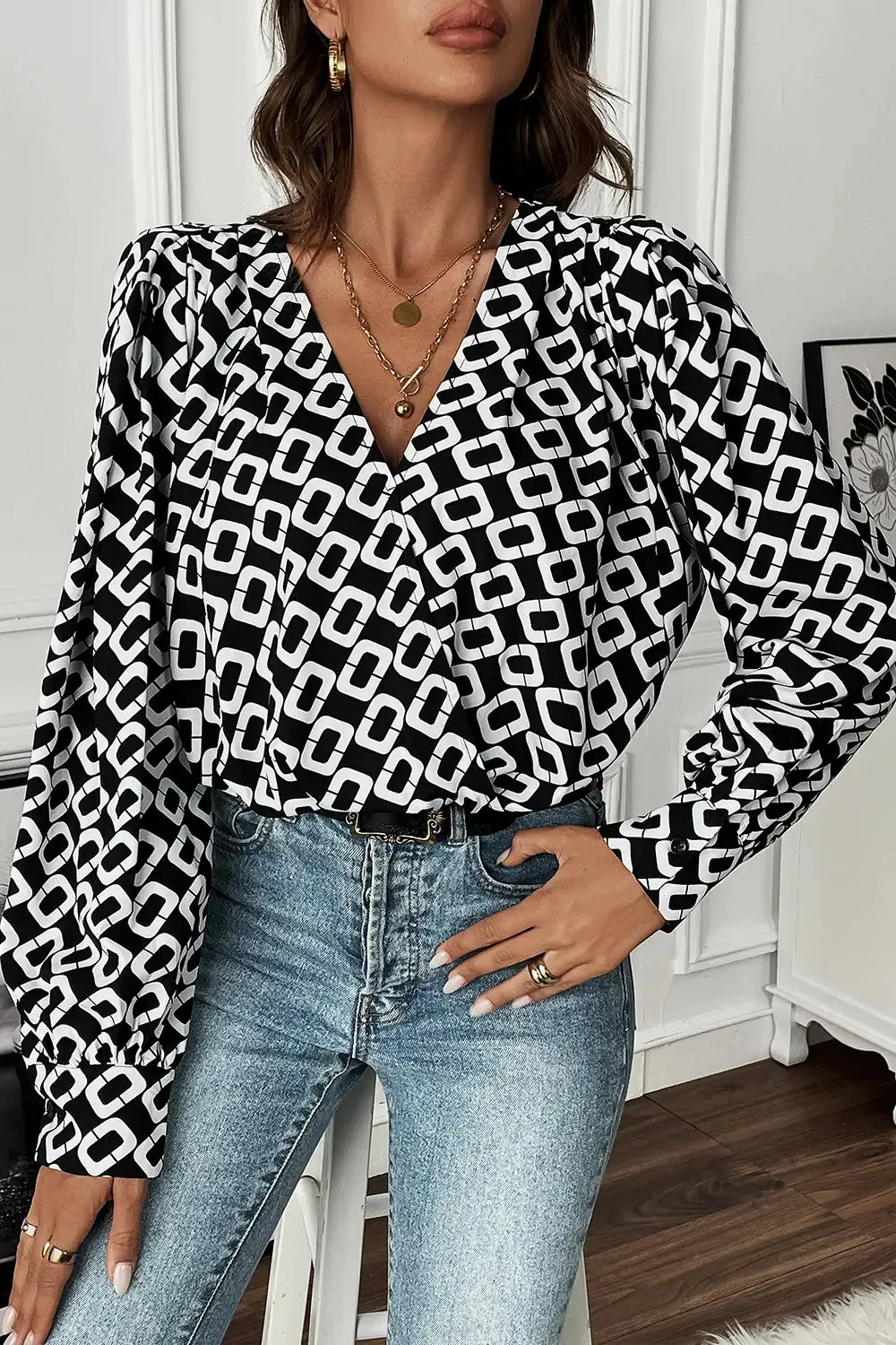 Perfee Geometric V-Neck Long Sleeve Blouse sold by Gigi Laurent product image thumbnail 4