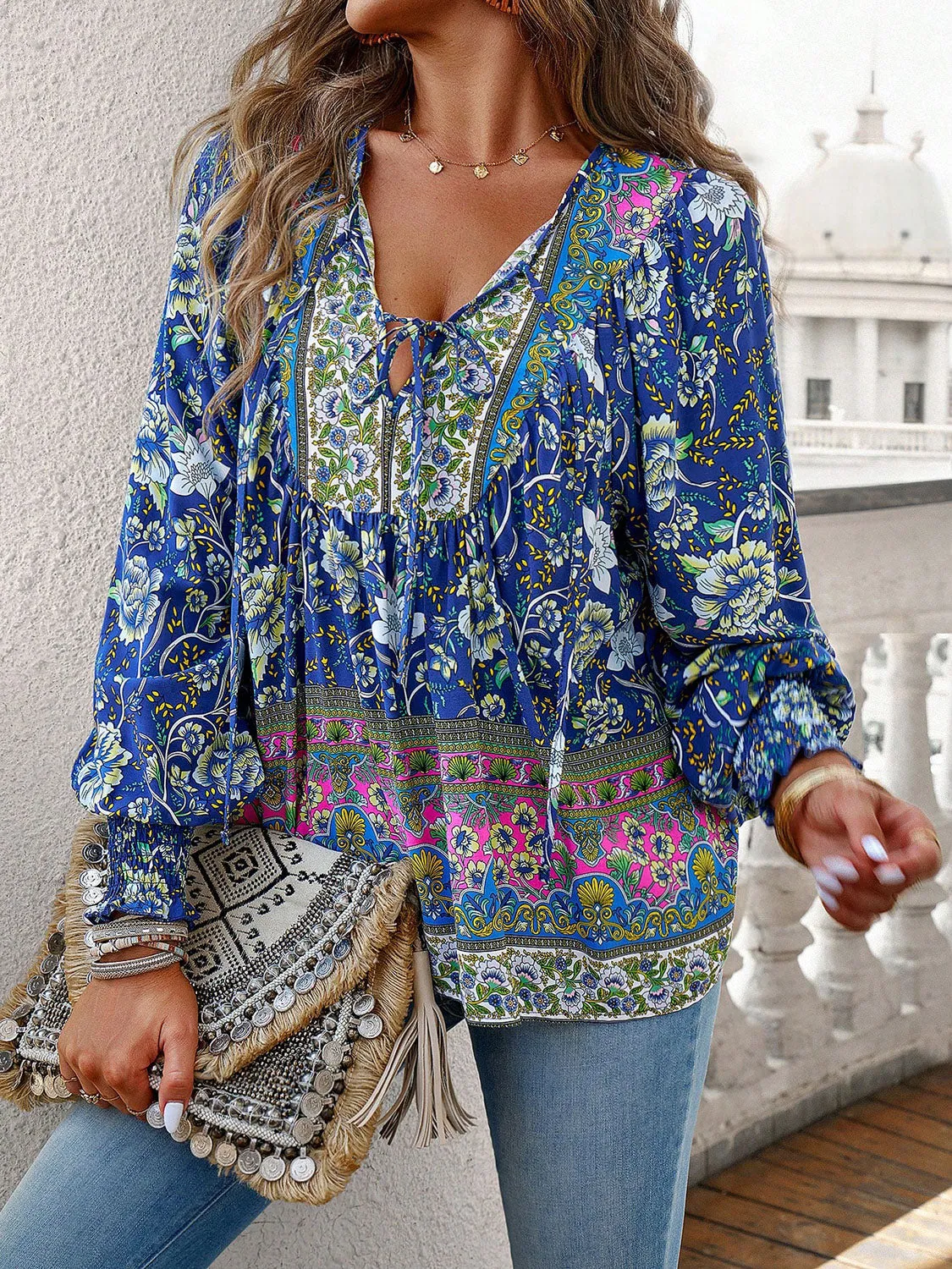 Devine Bohemian Tie Neck Lantern Sleeve Blouse sold by Gigi Laurent product image thumbnail 4