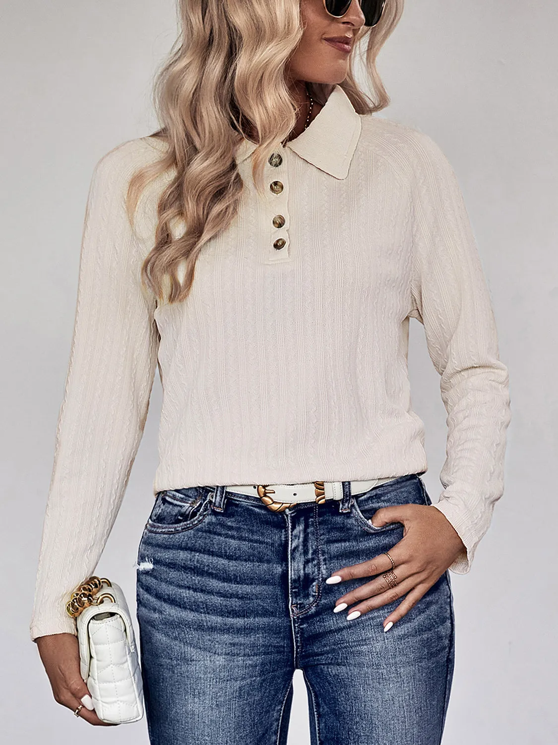 Perfee Collared Neck Buttoned Long Sleeve Top sold by Gigi Laurent