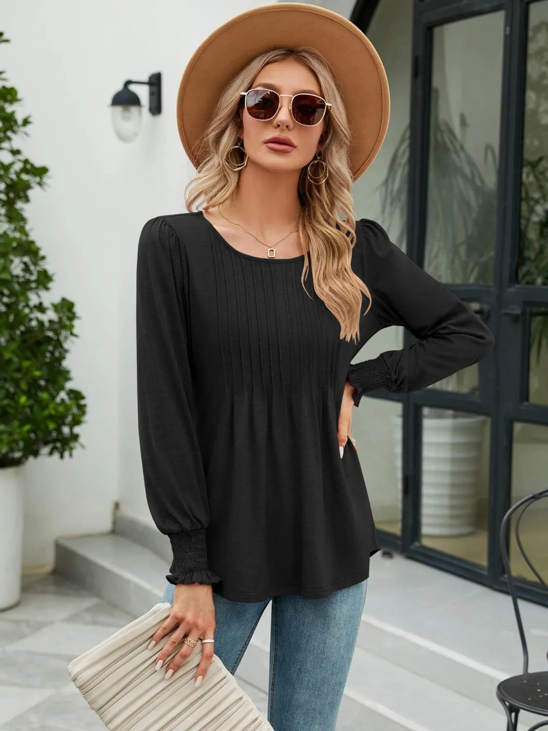 Smocked Round Neck Lantern Sleeve Blouse sold by Gigi Laurent product image thumbnail 4
