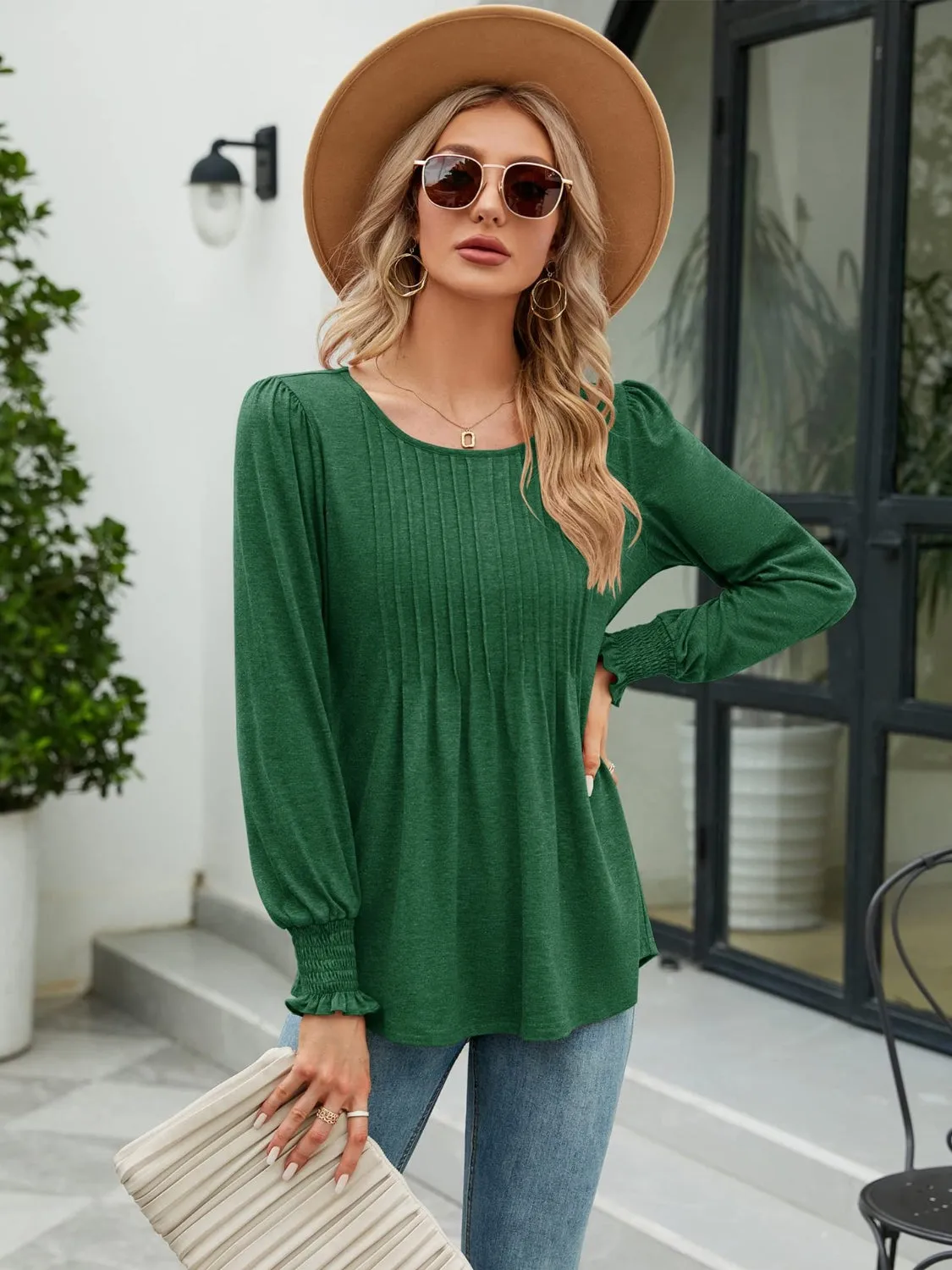 Smocked Round Neck Lantern Sleeve Blouse sold by Gigi Laurent