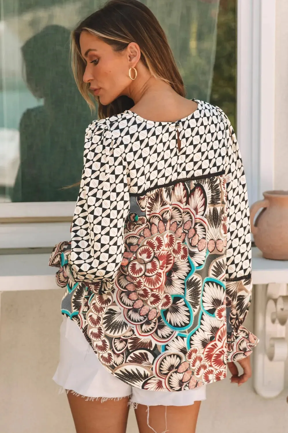Mixed Floral Geometric Print Ruffled Long Sleeve Blouse sold by Gigi Laurent product image thumbnail 2