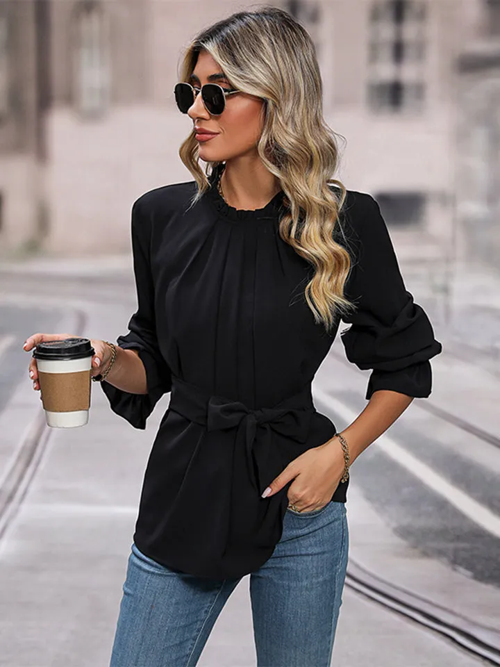 Perfee Round Neck Tie Waist Long Sleeve Blouse sold by Gigi Laurent product image thumbnail 4
