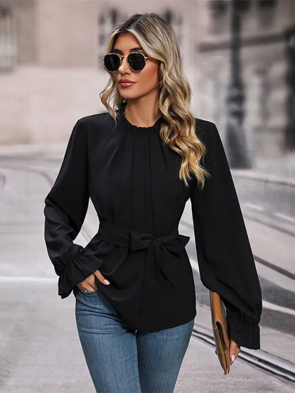 Perfee Round Neck Tie Waist Long Sleeve Blouse sold by Gigi Laurent