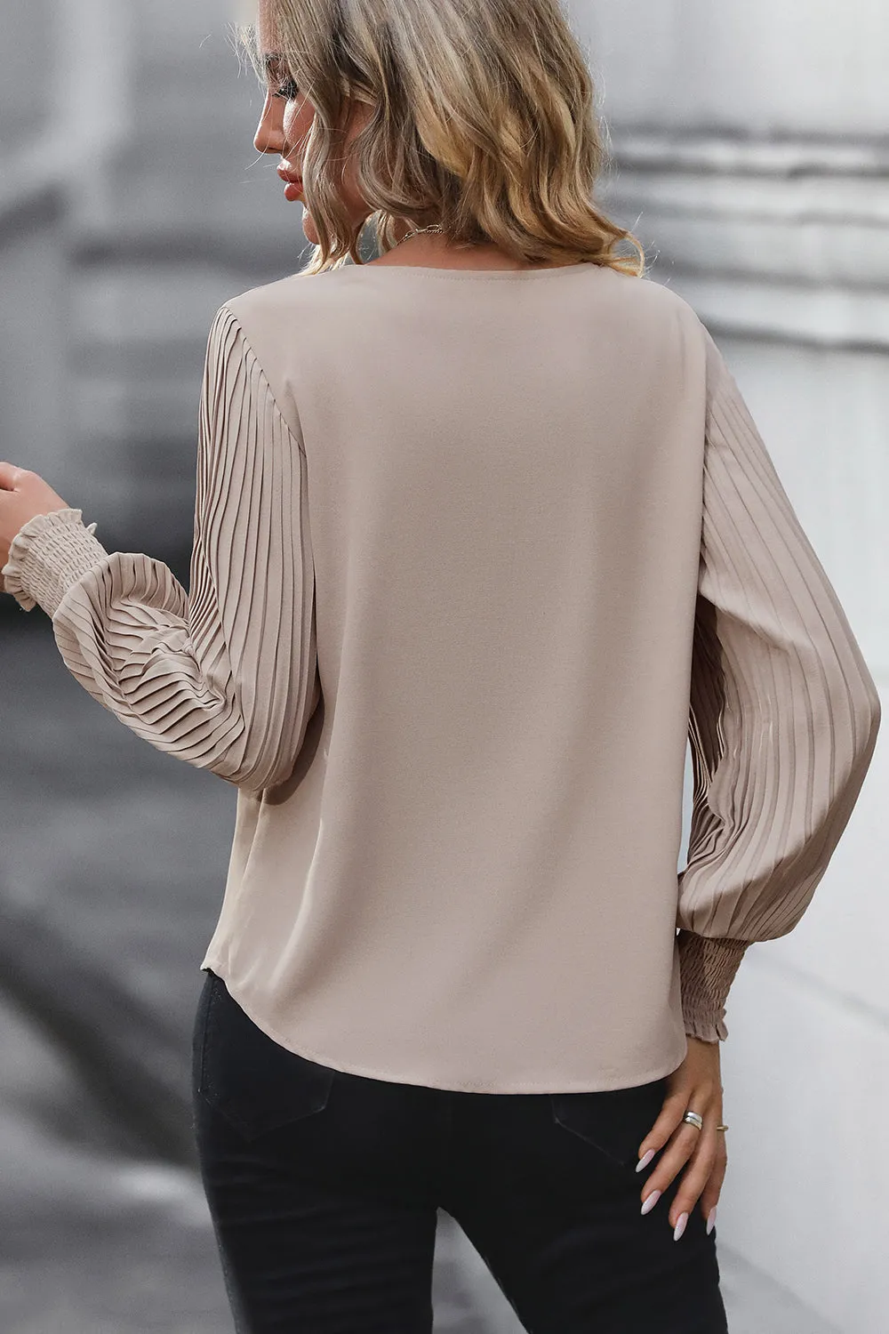 Perfee Pleated Lantern Sleeve V-Neck Blouse sold by Gigi Laurent product image thumbnail 2