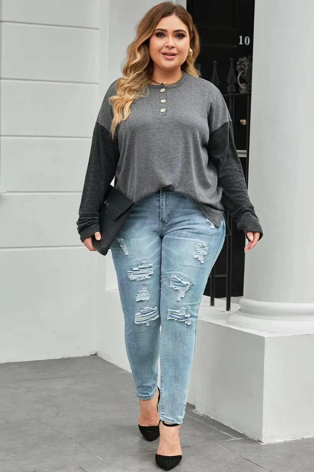 Plus Size Round Neck Long Sleeve Buttoned Blouse sold by Gigi Laurent product image thumbnail 2