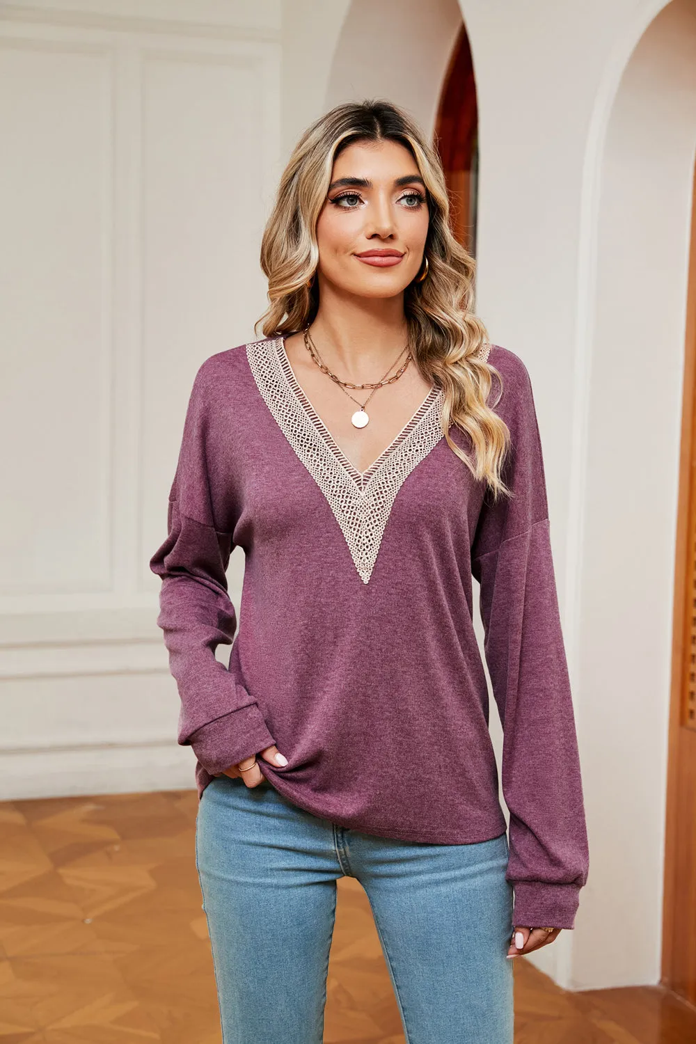 Contrast V-Neck Long Sleeve Blouse sold by Gigi Laurent product image thumbnail 3