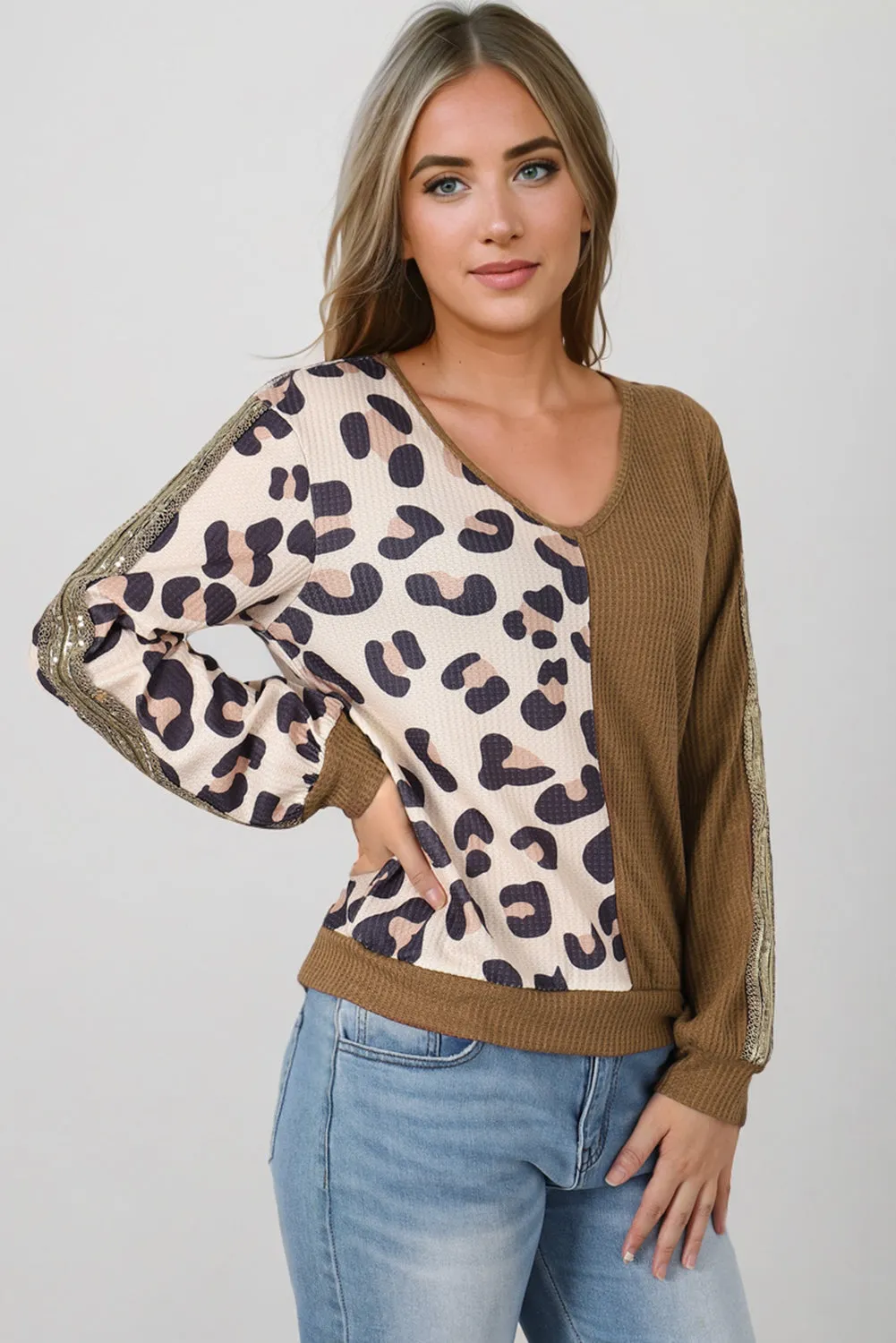 Leopard V-Neck Waffle-Knit Top sold by Gigi Laurent product image thumbnail 3