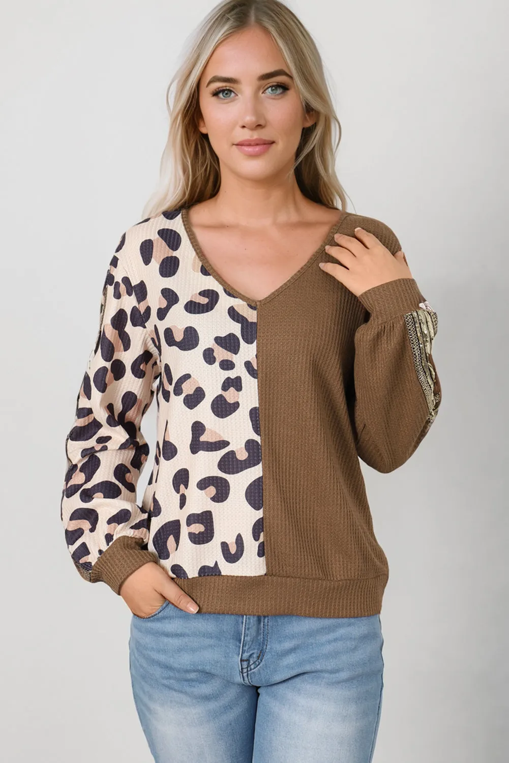 Leopard V-Neck Waffle-Knit Top sold by Gigi Laurent product image thumbnail 2