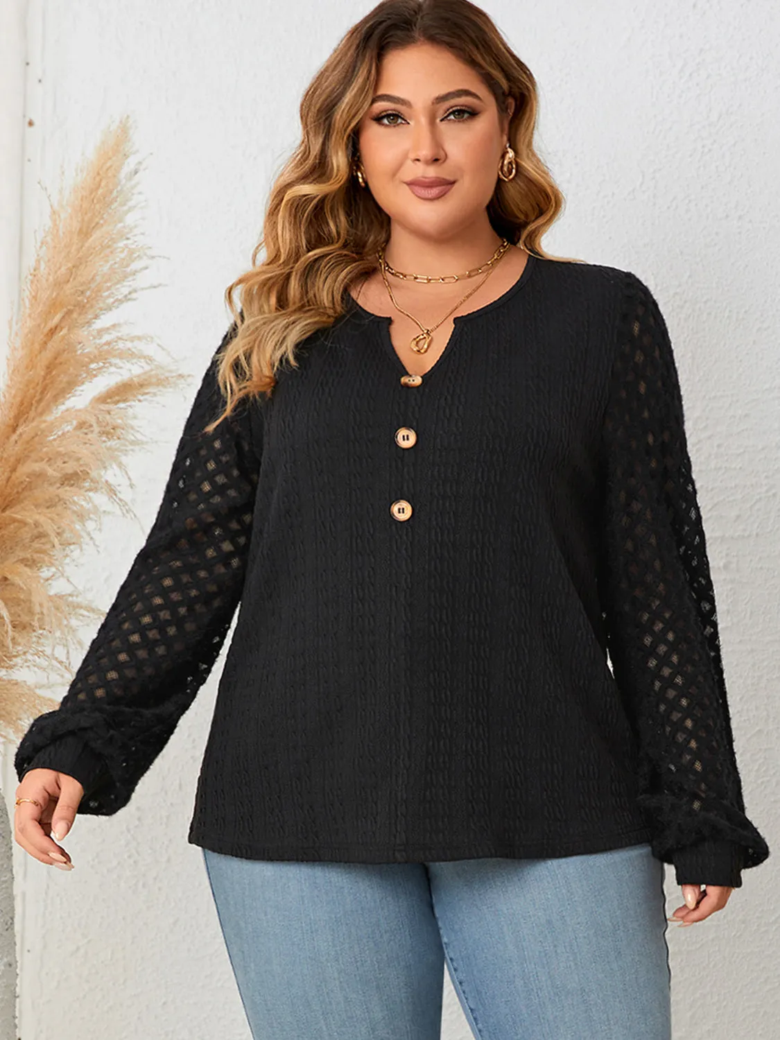 Honey Plus Size Openwork Notched Button Front Blouse sold by Gigi Laurent