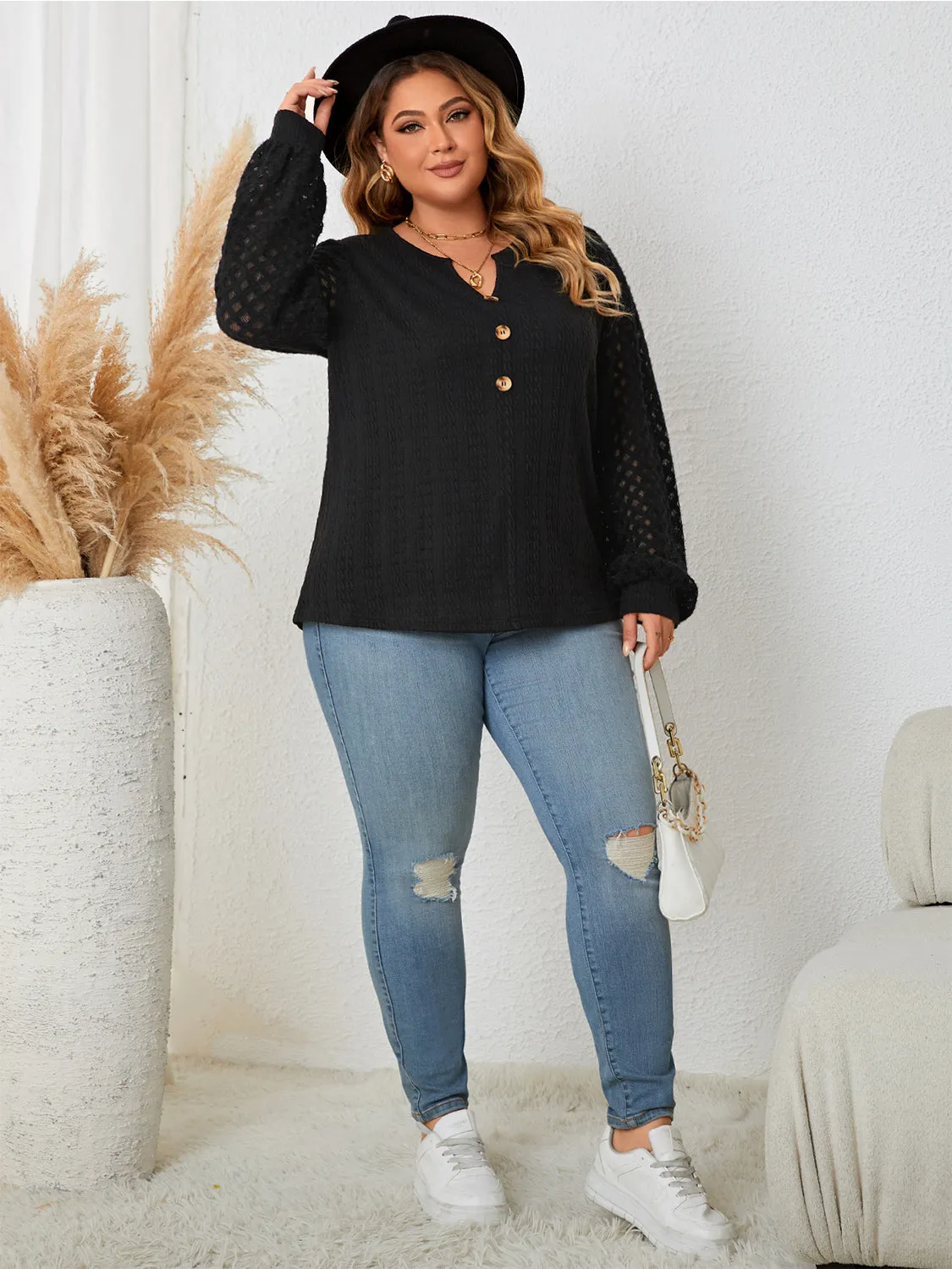 Honey Plus Size Openwork Notched Button Front Blouse sold by Gigi Laurent product image thumbnail 3