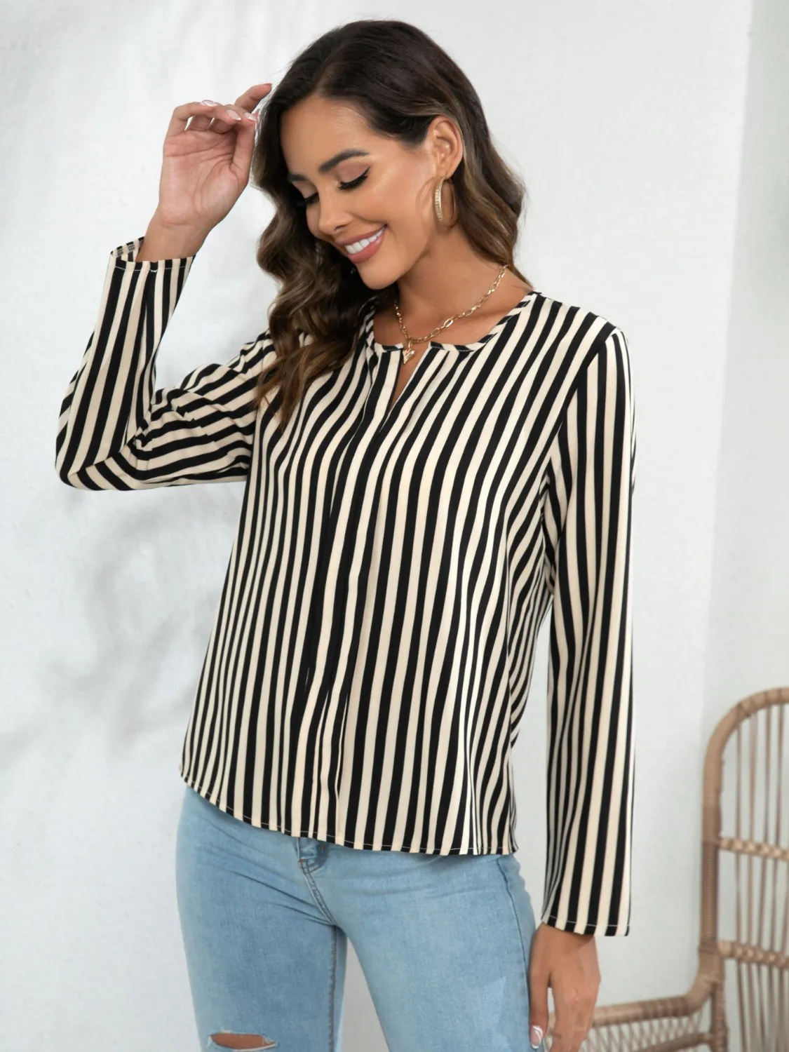 Striped Long Sleeve Notched Blouse sold by Gigi Laurent product image thumbnail 4
