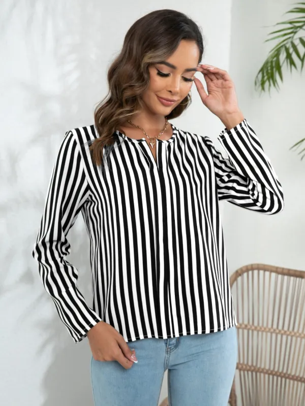 Striped Long Sleeve Notched Blouse sold by Gigi Laurent