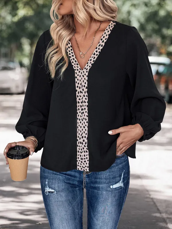 Perfee Contrast V-Neck Long Sleeve Blouse sold by Gigi Laurent