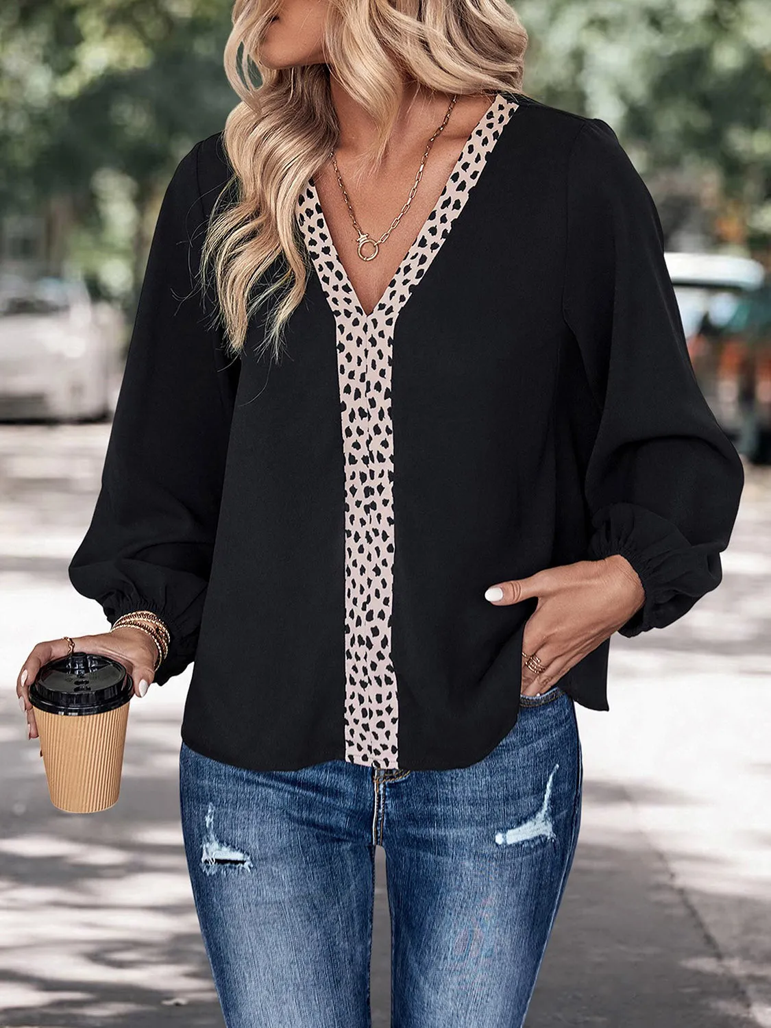 Perfee Contrast V-Neck Long Sleeve Blouse sold by Gigi Laurent