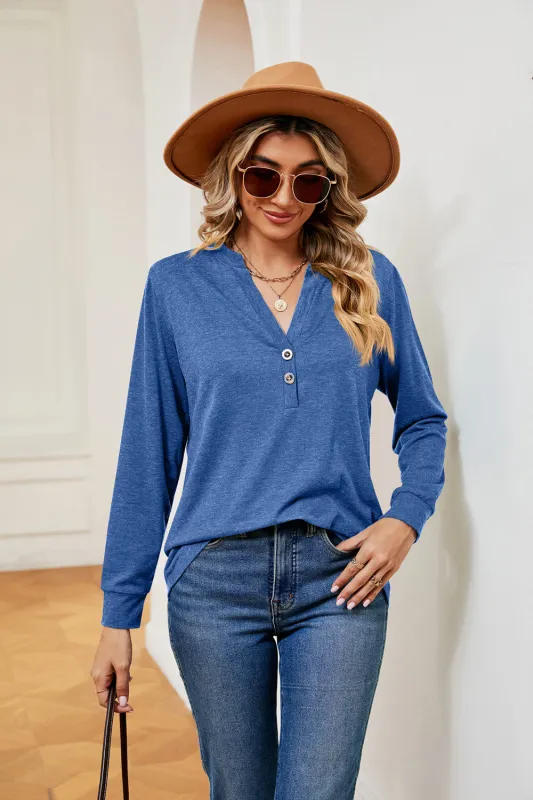 Buttoned Notched Neck Long Sleeve Top sold by Gigi Laurent