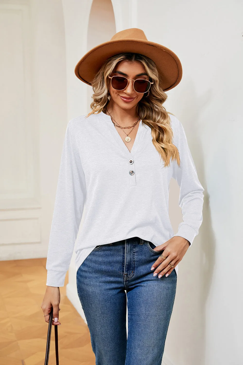 Buttoned Notched Neck Long Sleeve Top sold by Gigi Laurent product image thumbnail 5