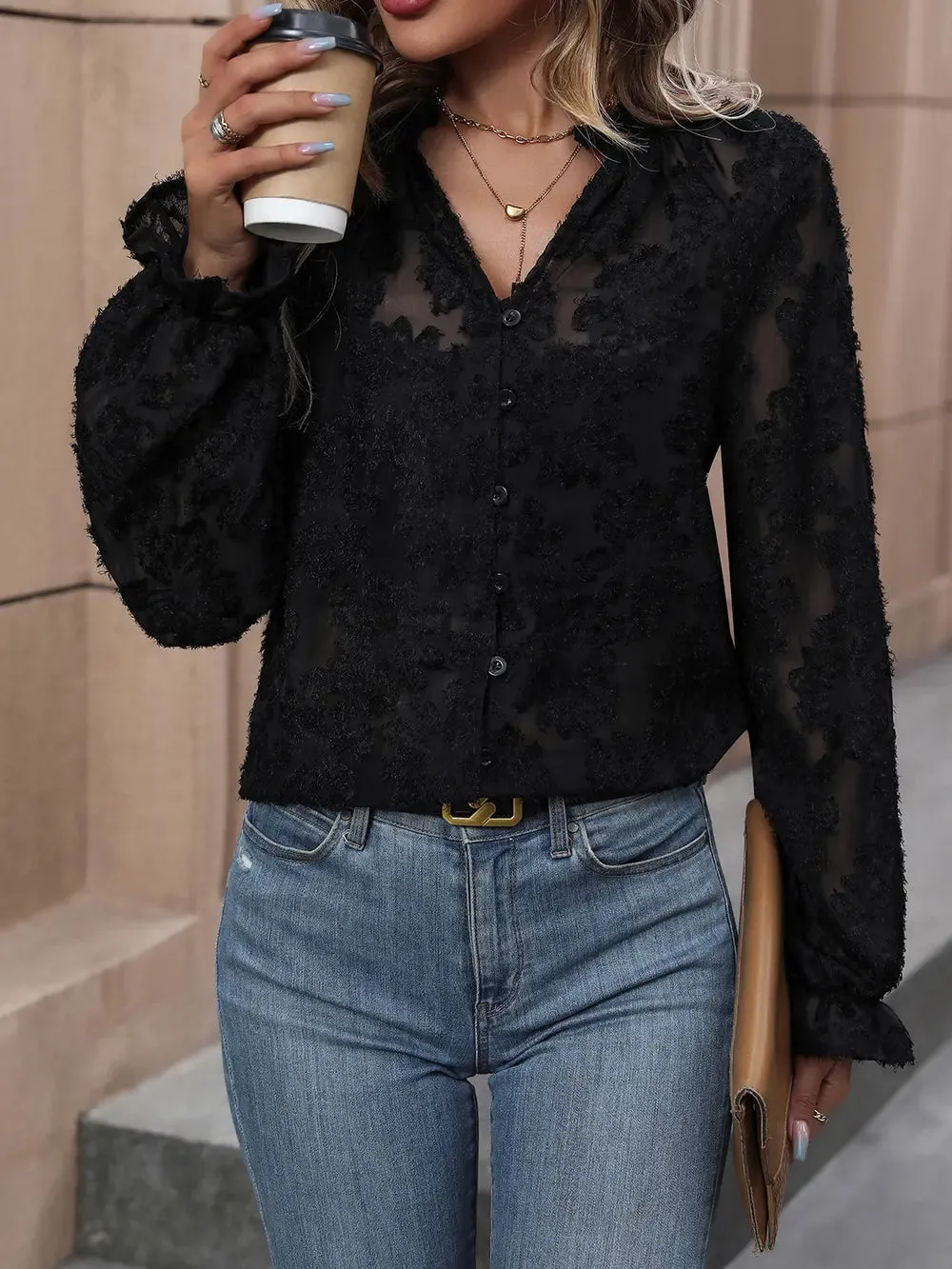 Perfee Lace Button Front Long Sleeve Top sold by Gigi Laurent product image thumbnail 5