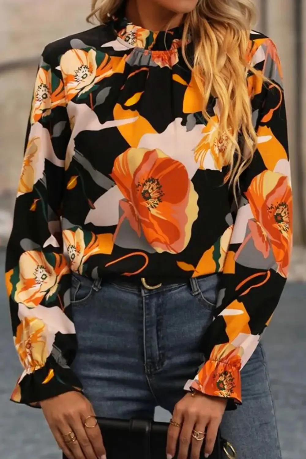 Floral Mock Neck Flounce Sleeve Blouse sold by Gigi Laurent