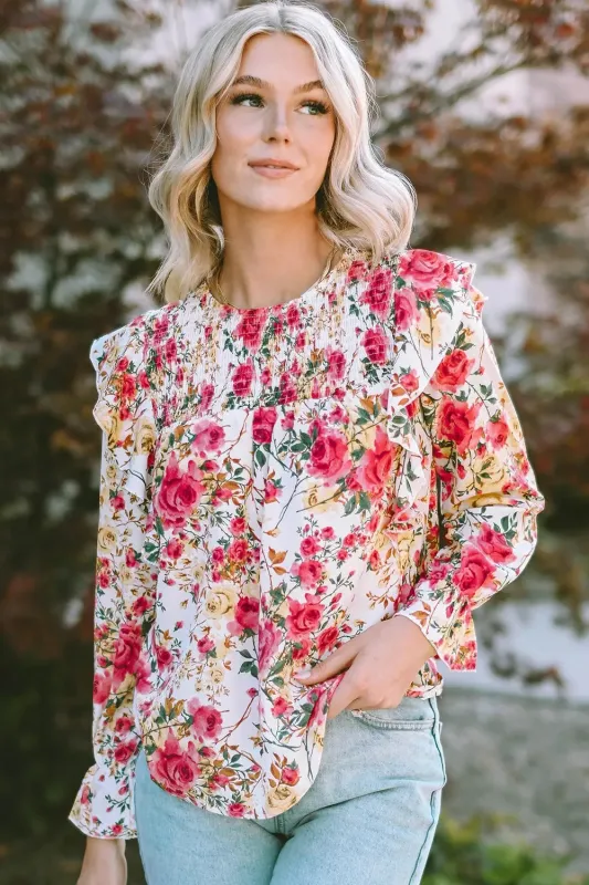 Floral Round Neck Smocked Blouse sold by Gigi Laurent