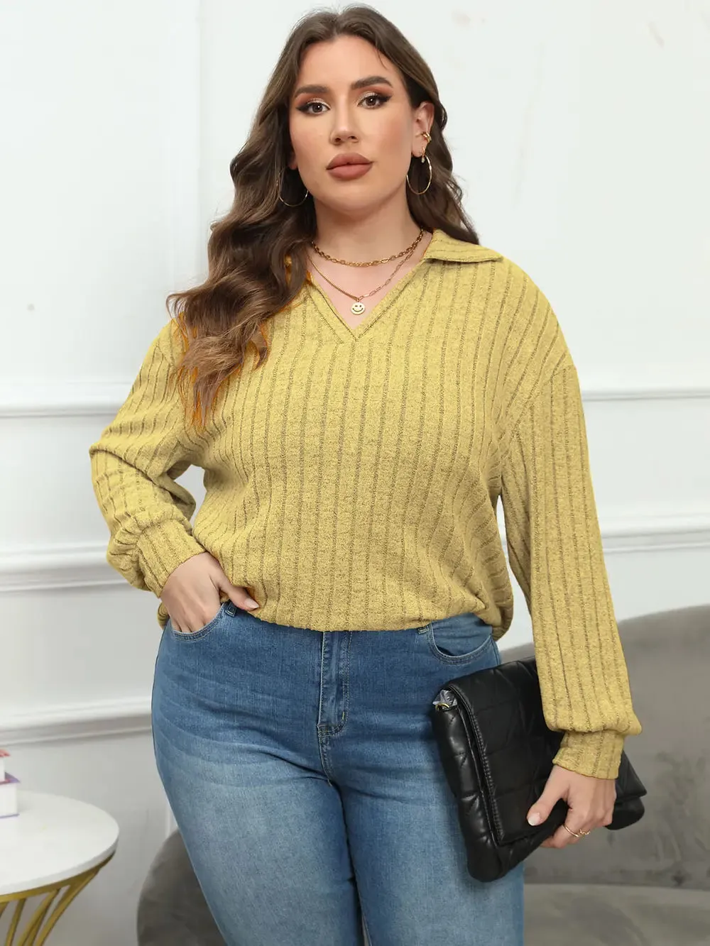 Plus Size Ribbed Collared Neck Long Sleeve Blouse sold by Gigi Laurent product image thumbnail 5
