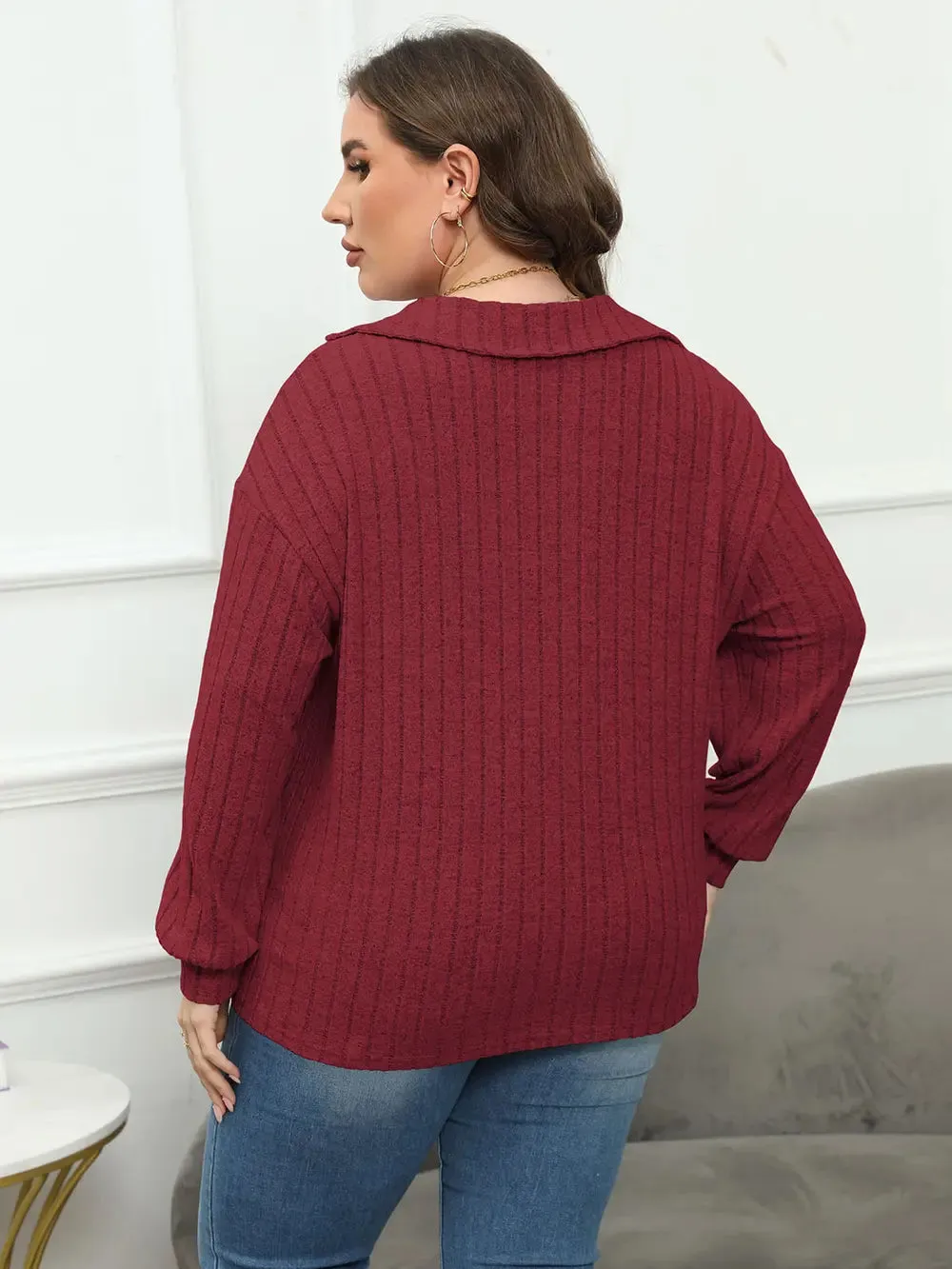 Plus Size Ribbed Collared Neck Long Sleeve Blouse sold by Gigi Laurent product image thumbnail 2