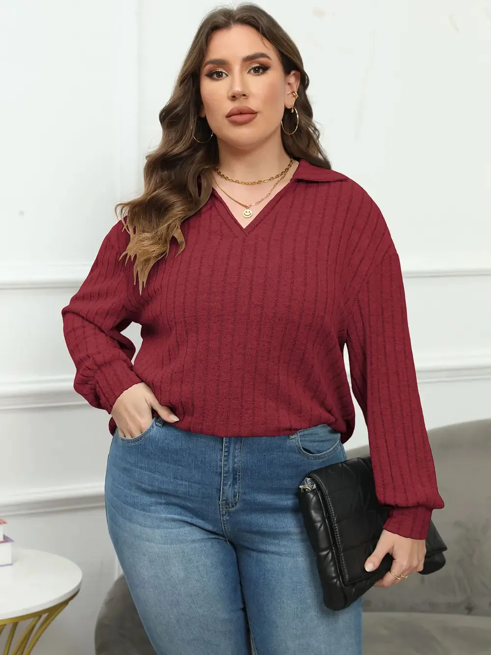 Plus Size Ribbed Collared Neck Long Sleeve Blouse sold by Gigi Laurent product image thumbnail 4
