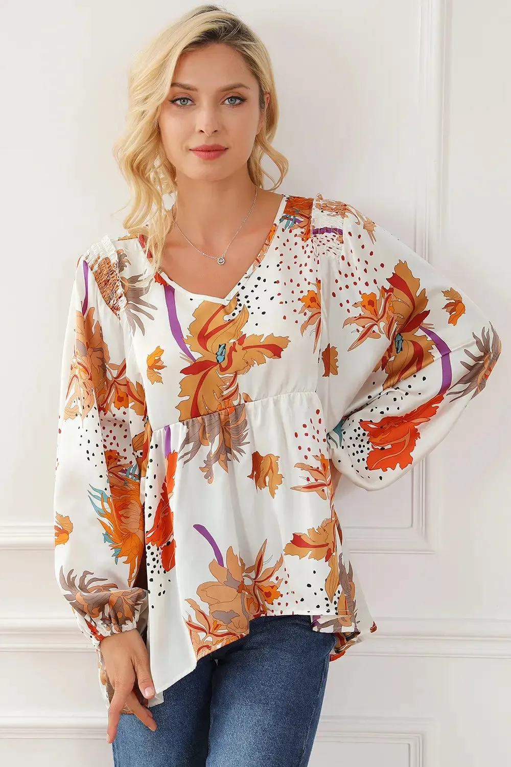 Printed V-Neck Smocked Balloon Sleeve Blouse sold by Gigi Laurent product image thumbnail 5