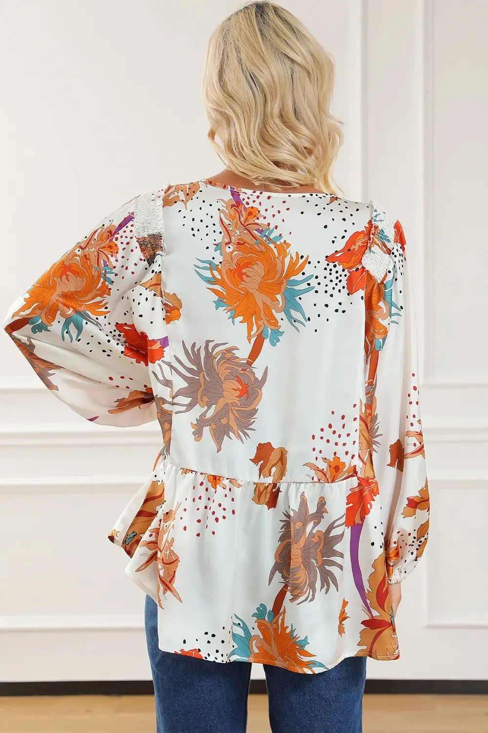 Printed V-Neck Smocked Balloon Sleeve Blouse sold by Gigi Laurent product image thumbnail 2