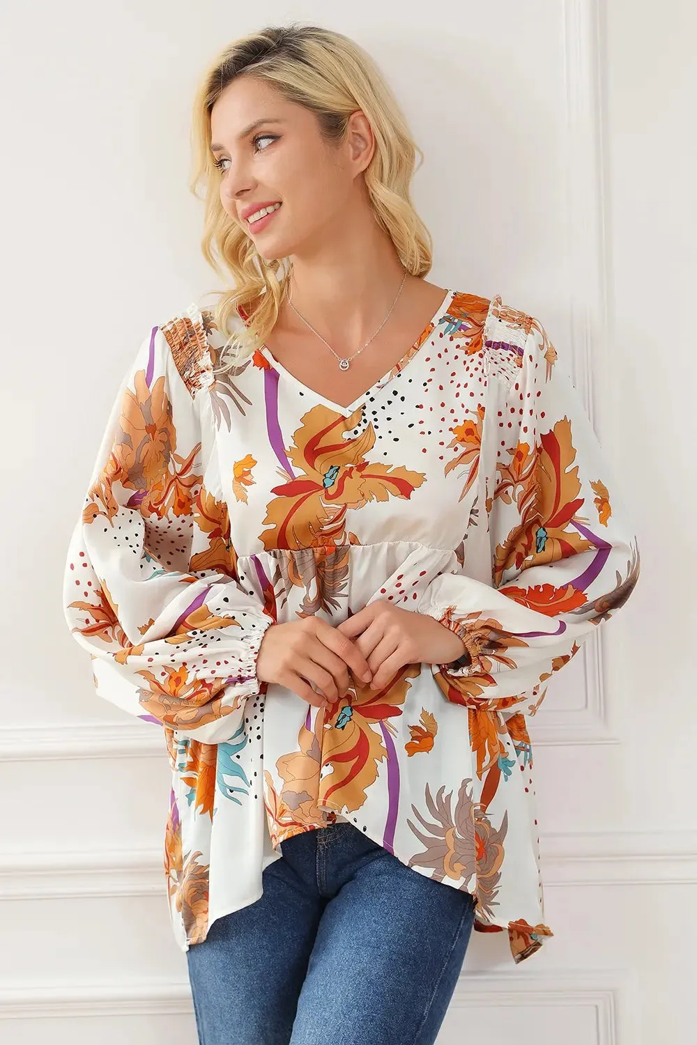 Printed V-Neck Smocked Balloon Sleeve Blouse sold by Gigi Laurent product image thumbnail 3