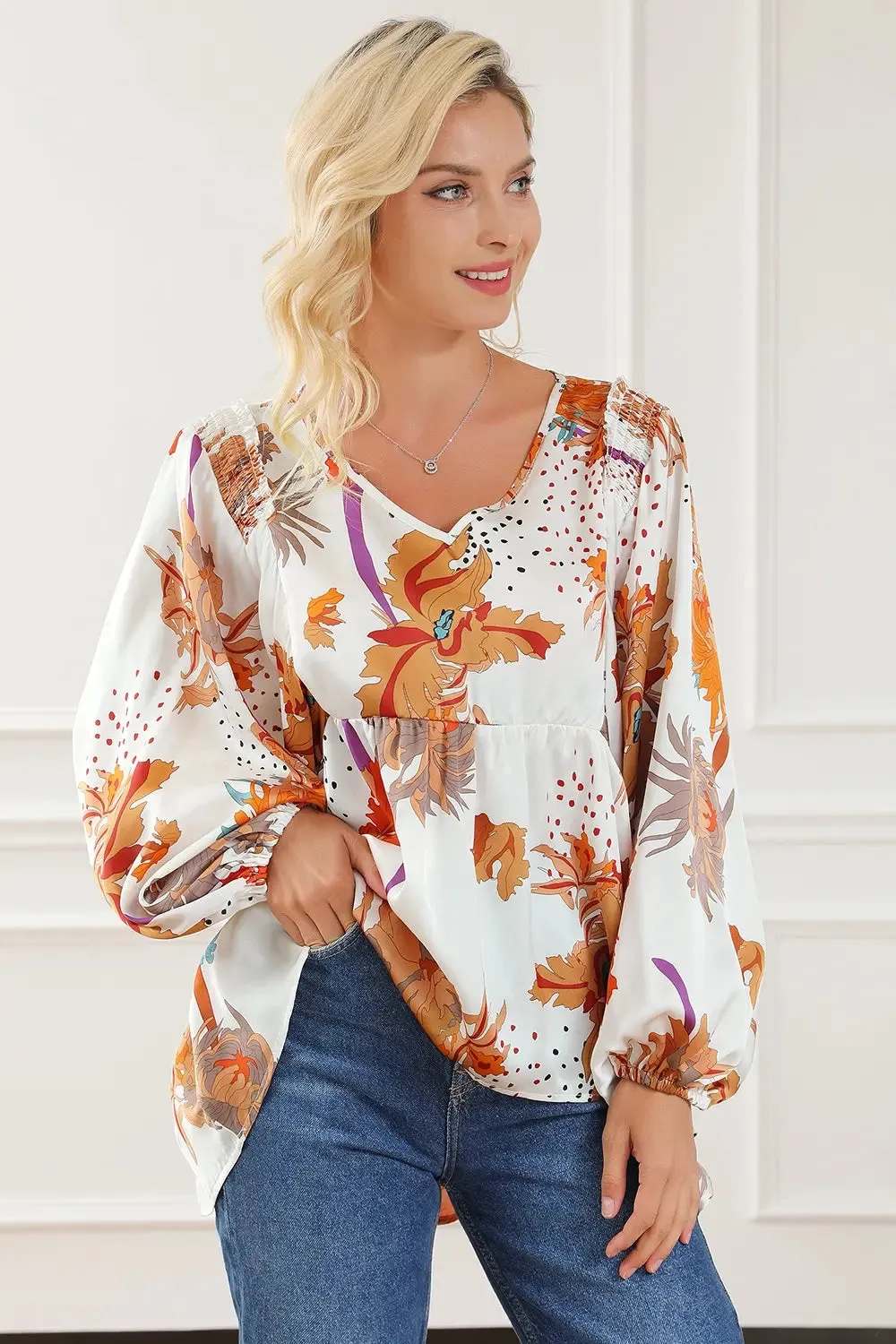Printed V-Neck Smocked Balloon Sleeve Blouse sold by Gigi Laurent product image thumbnail 4