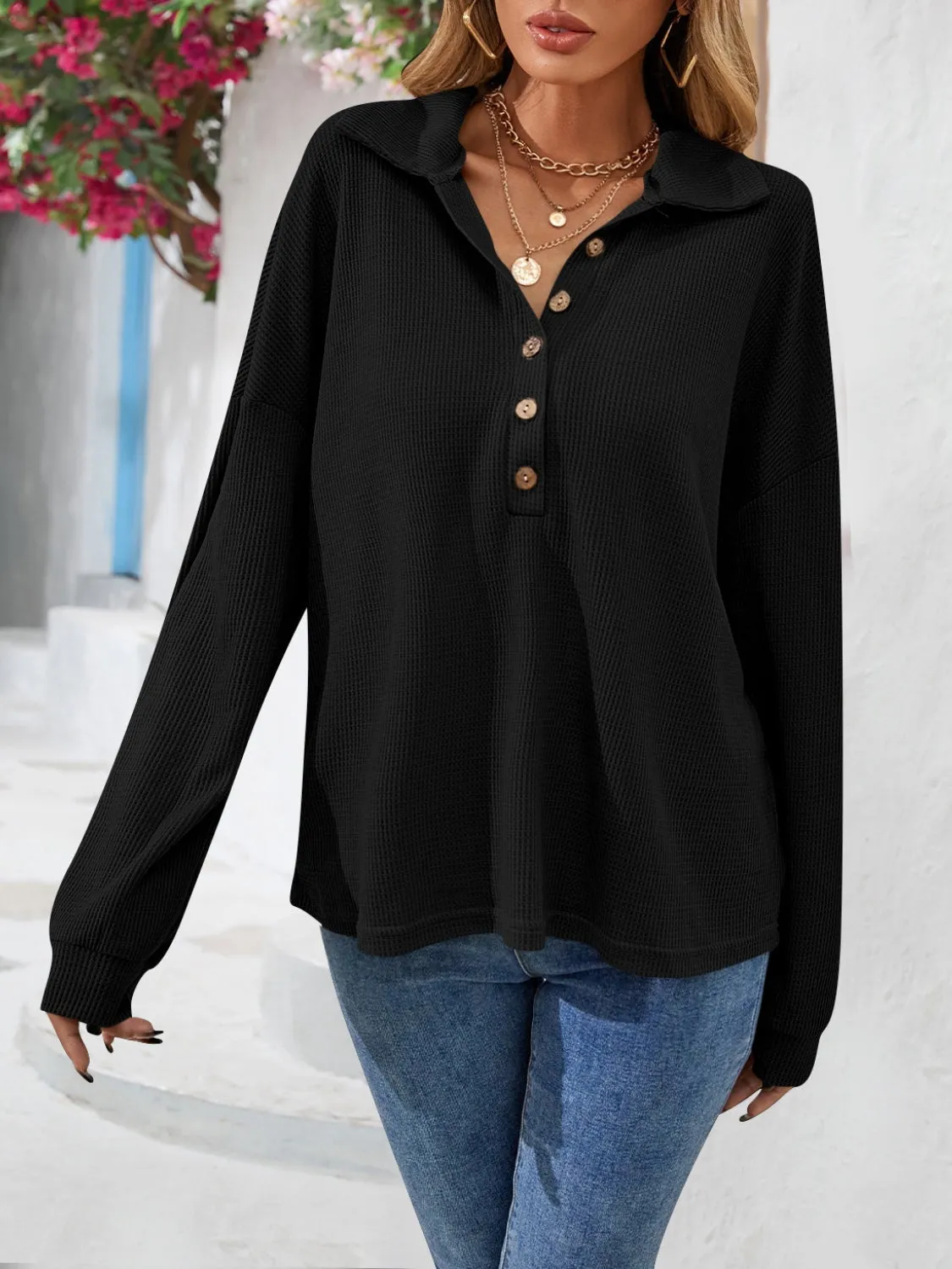 Half Button Collared Neck Long Sleeve Top sold by Gigi Laurent product image thumbnail 4