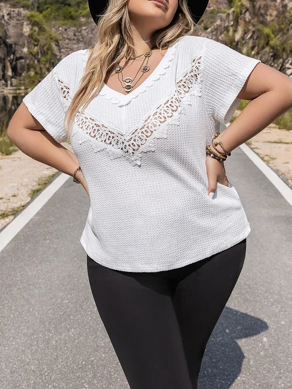 Plus Size Lace Detail V-Neck Short Sleeve Blouse sold by Gigi Laurent product image thumbnail 3