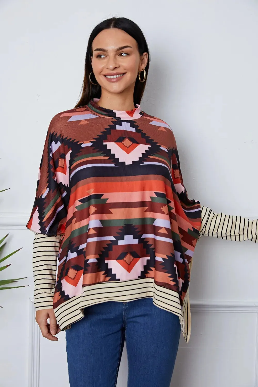 Geometric Striped Splicing Round Neck Blouse sold by Gigi Laurent