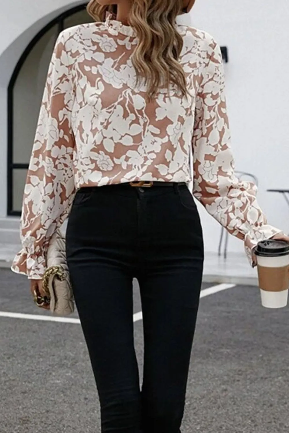 Floral Print Mock Neck Flounce Sleeve Blouse sold by Gigi Laurent