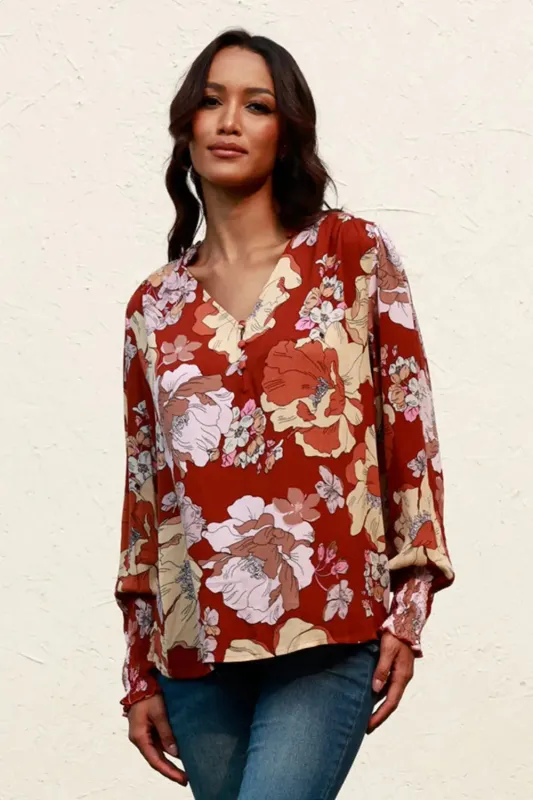 Floral V-Neck Smocked Lantern Sleeve Blouse sold by Gigi Laurent