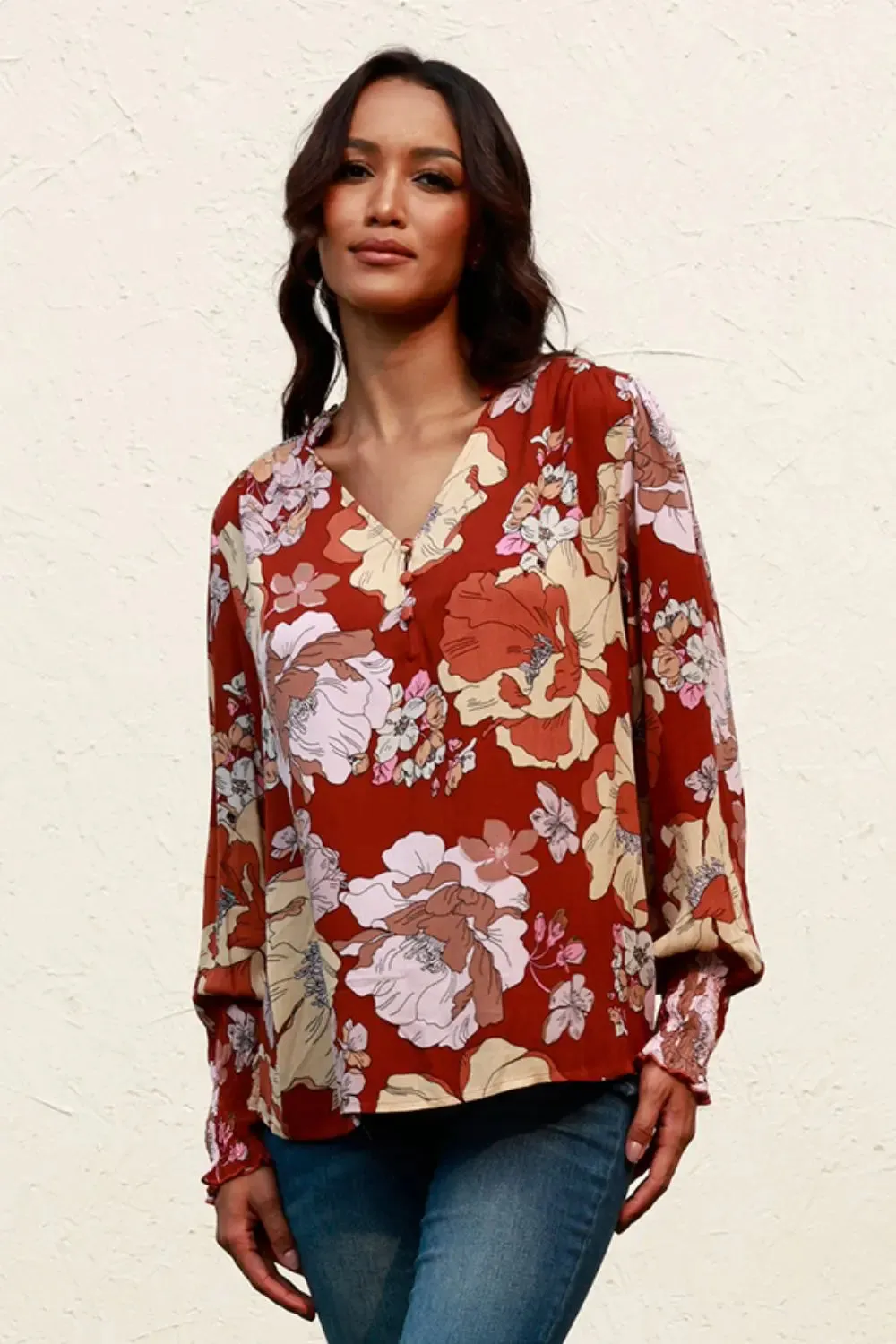 Floral V-Neck Smocked Lantern Sleeve Blouse sold by Gigi Laurent