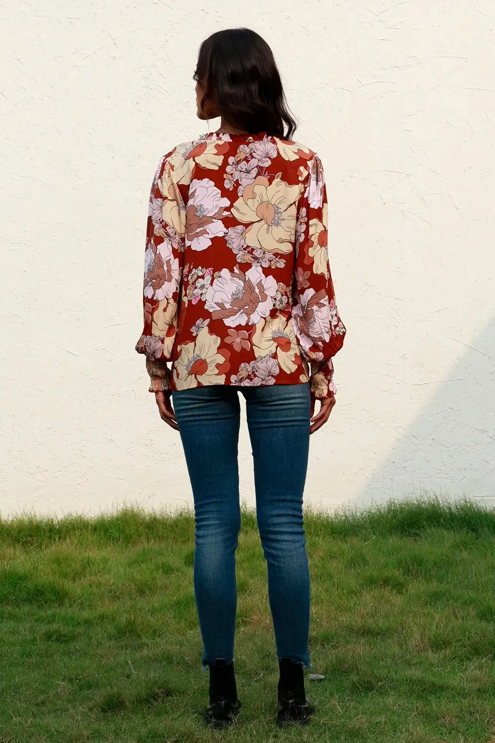 Floral V-Neck Smocked Lantern Sleeve Blouse sold by Gigi Laurent product image thumbnail 2