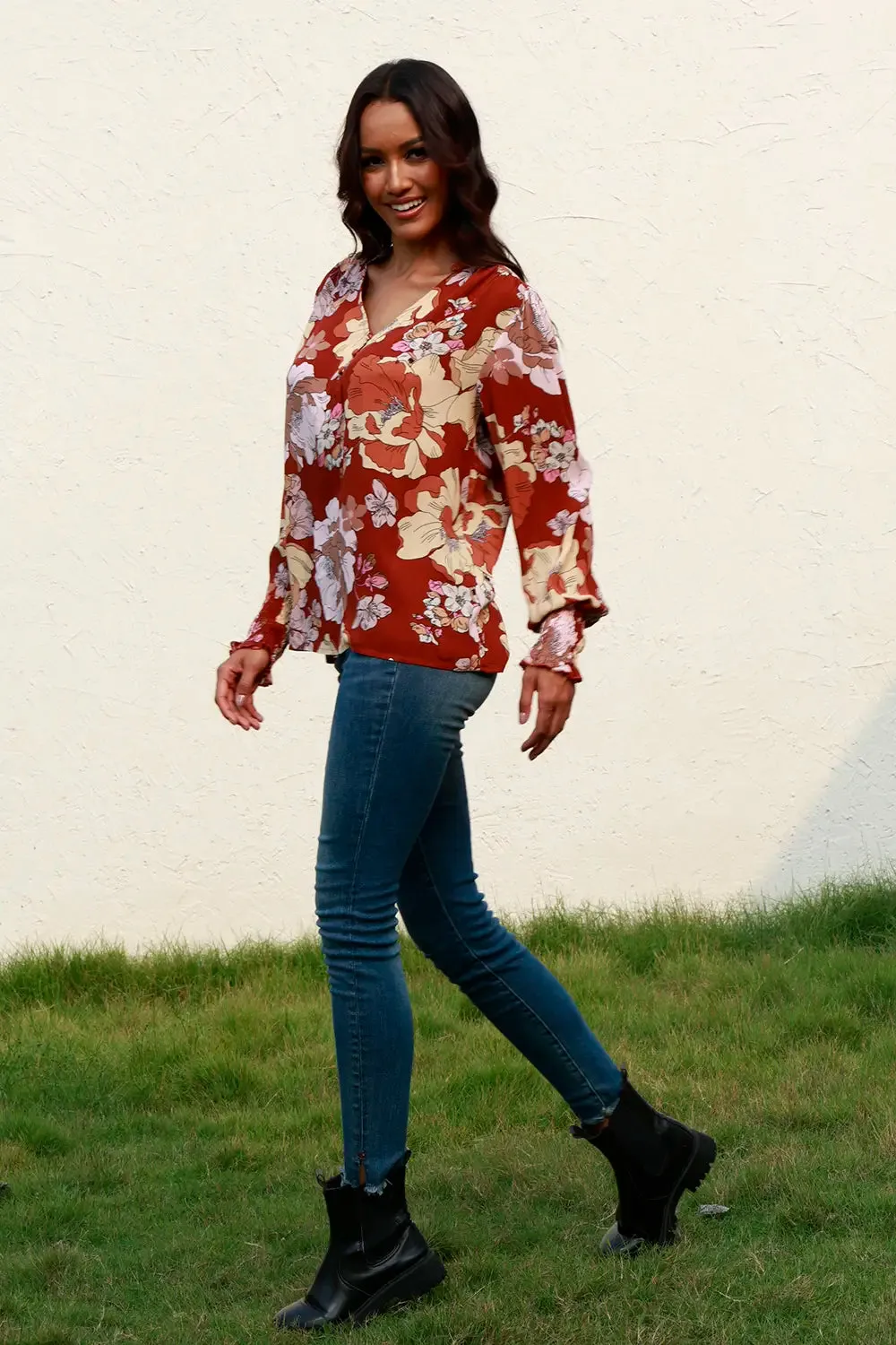 Floral V-Neck Smocked Lantern Sleeve Blouse sold by Gigi Laurent product image thumbnail 3