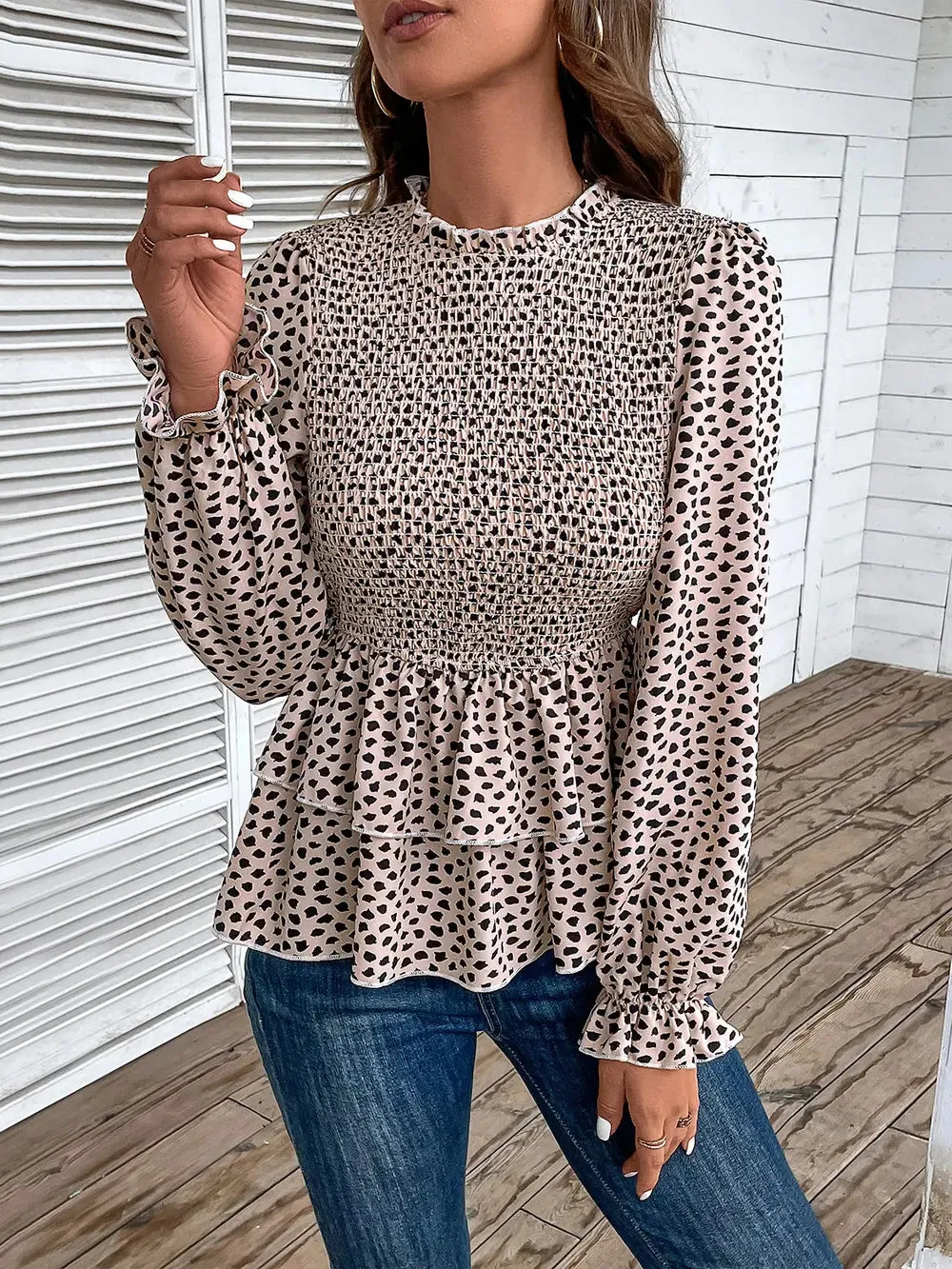 Perfee Printed Round Neck Smocked Flounce Sleeve T-Shirt sold by Gigi Laurent