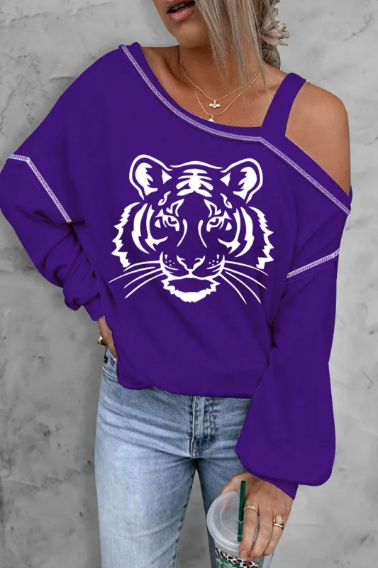 Tiger Graphic Long Sleeve Asymmetrical Neck Top sold by Gigi Laurent