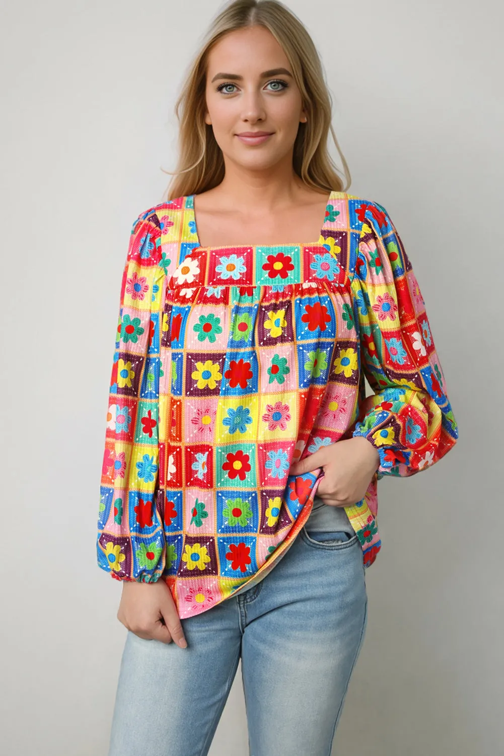 Printed Square Neck Balloon Sleeve Top sold by Gigi Laurent