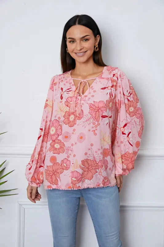 Floral Smocked Tassel Tie Balloon Sleeve Blouse sold by Gigi Laurent