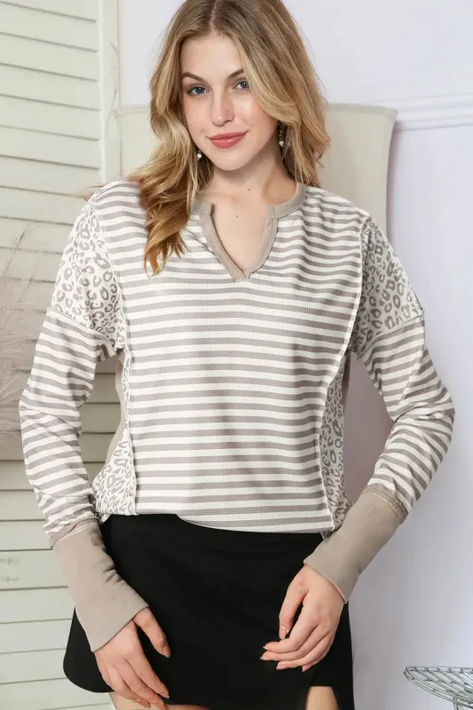 Exposed Seam Striped Notched Blouse sold by Gigi Laurent