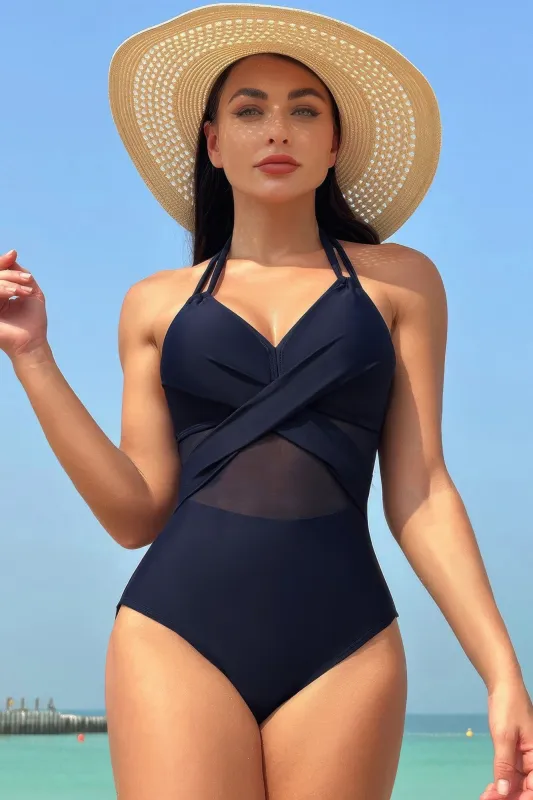 Color Block Halter Cross Lace One Piece Swimsuit sold by Gigi Laurent