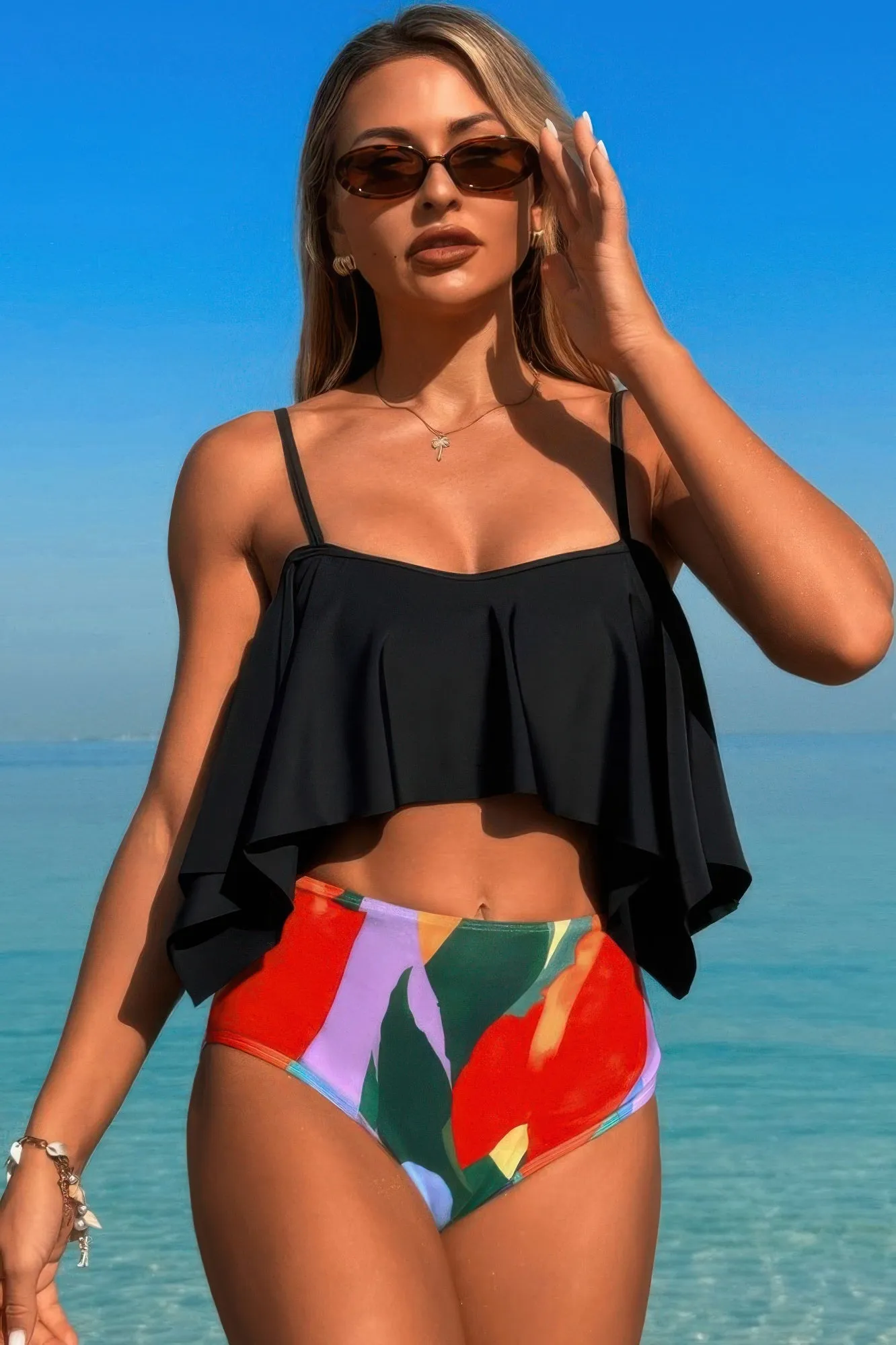 Ruffle Top High Waisted Bottom Tankini Swimsuit sold by Gigi Laurent